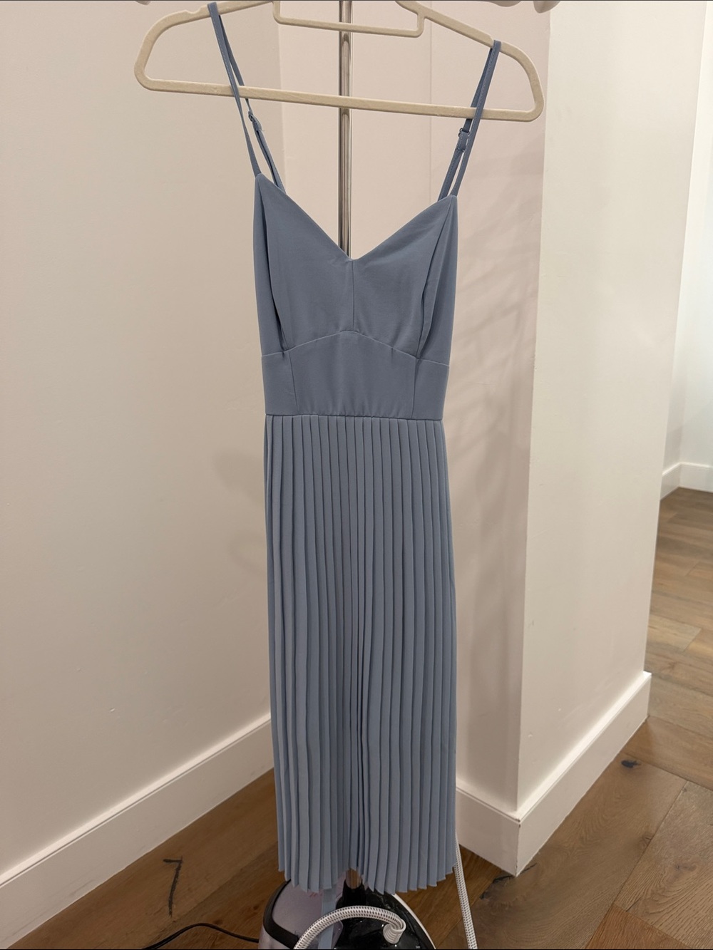 bailey blue Dusty Blue Pleated Midi Dress with Spaghetti Straps